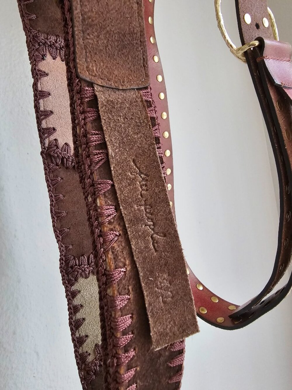 We The Free Free People Lasso Cognac Leather Studded Belt Patchwork Suede Belts - Picture 5 of 9